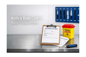 Knife shadow board and clipboard showing a knife and blade control register with blade changeover checklist in a food production area.