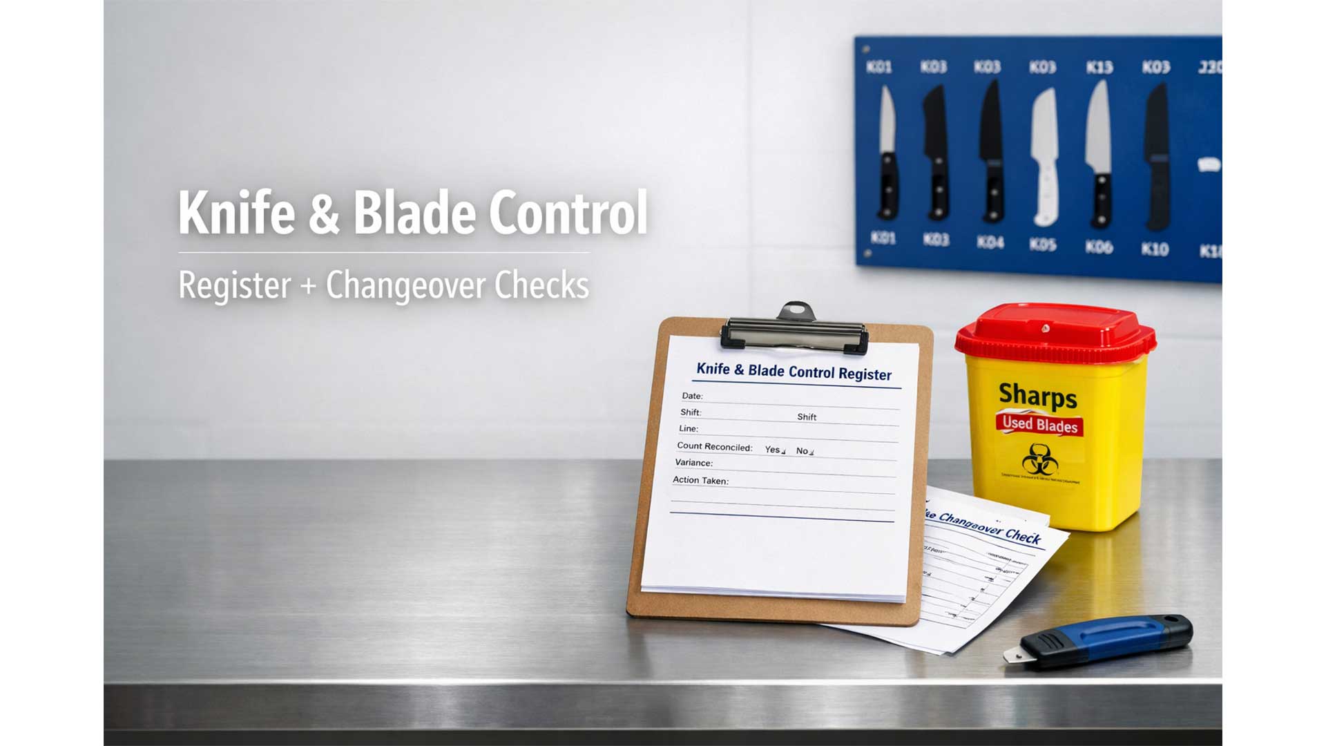 Knife shadow board and clipboard showing a knife and blade control register with blade changeover checklist in a food production area.